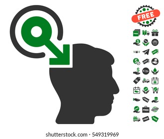 Brain Interface Plug-In icon with free bonus images. Vector illustration style is flat iconic symbols, green and gray colors, white background.