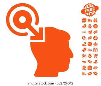 Brain Interface Plug-In icon with free bonus graphic icons. Vector illustration style is flat iconic symbols, orange color, white background.