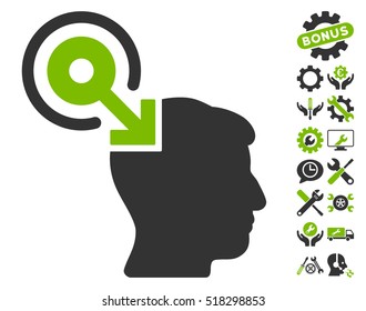 Brain Interface Plug-In pictograph with bonus service pictograms. Vector illustration style is flat iconic eco green and gray symbols on white background.