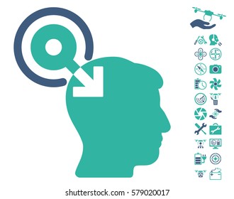 Brain Interface Plug-In pictograph with bonus airdrone service pictograms. Vector illustration style is flat iconic cobalt and cyan symbols on white background.