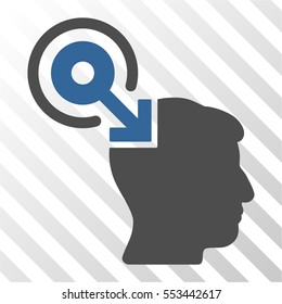 Brain Interface Plug-In vector pictograph. Illustration style is flat iconic bicolor cobalt and gray symbol on a hatched transparent background.