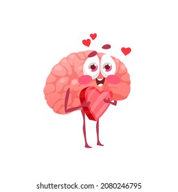 Brain internal organ fall in love isolated funny cartoon character. Vector cute brains emoticon holding heart in hands, lovely smart thinker expressing emotion of love and passion. Cheerful lover