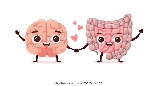 The brain and intestines hold hands. Human organs. Cartoon style. Vector illustration.