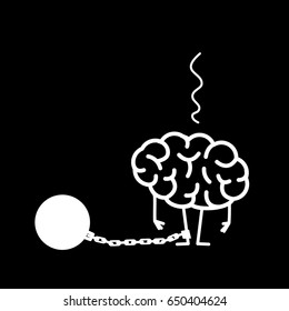 Brain with iron prison ball on chain on feet. Vector concept illustration of restricted and blocked brain | flat design linear infographic icon white on black background