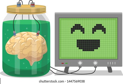 A brain in a jar is wired up to a computer screen displaying a smiley face.