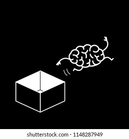 Brain jumping out of the box. Vector concept illustration of unconventional thinking out of the box | flat design linear infographic icon white on black background