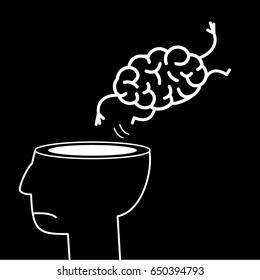 Brain jumping out of the head. Vector concept illustration of overworked mind | flat design linear infographic icon white on black background
