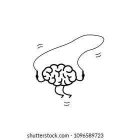 Brain jumping over the skipping rope. Vector concept illustration of happy brain and peaceful mind | flat design linear infographic icon black on white background