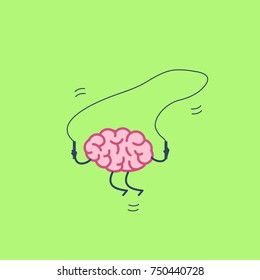 Brain jumping over the skipping rope. Vector concept illustration of happy brain and peaceful mind | flat design linear infographic icon on green background