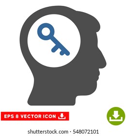 Brain Key EPS vector pictograph. Illustration style is flat iconic bicolor cobalt and gray symbol on white background.