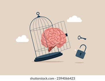 Brain with key free himself from cage. Flat vector illustration.