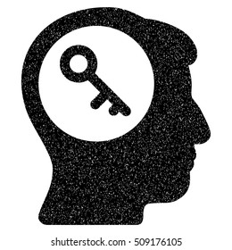 Brain Key grainy textured icon for overlay watermark stamps. Flat symbol with unclean texture. Dotted vector black ink rubber seal stamp with grunge design on a white background.