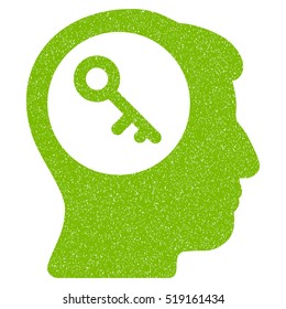 Brain Key grainy textured icon for overlay watermark stamps. Flat symbol with dust texture. Dotted vector eco green ink rubber seal stamp with grunge design on a white background.