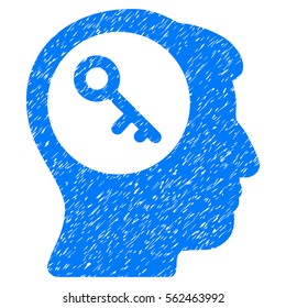 Brain Key grainy textured icon for overlay watermark stamps. Flat symbol with dirty texture. Dotted vector blue ink rubber seal stamp with grunge design on a white background.