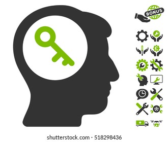 Brain Key icon with bonus configuration design elements. Vector illustration style is flat iconic eco green and gray symbols on white background.