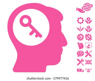 Brain Key icon with bonus settings clip art. Vector illustration style is flat iconic pink symbols on white background.