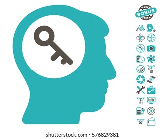 Brain Key pictograph with bonus drone tools clip art. Vector illustration style is flat iconic grey and cyan symbols on white background.