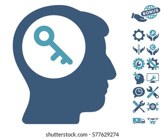 Brain Key pictograph with bonus options pictograph collection. Vector illustration style is flat iconic cyan and blue symbols on white background.