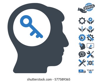 Brain Key pictograph with bonus setup tools symbols. Vector illustration style is flat iconic smooth blue symbols on white background.