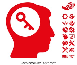 Brain Key pictograph with bonus setup tools graphic icons. Vector illustration style is flat iconic red symbols on white background.