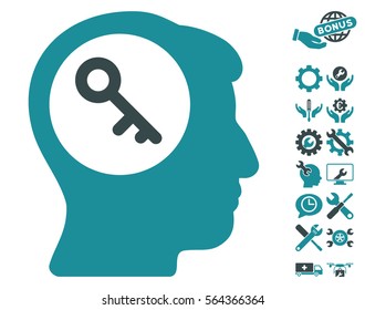 Brain Key pictograph with bonus tools symbols. Vector illustration style is flat iconic soft blue symbols on white background.