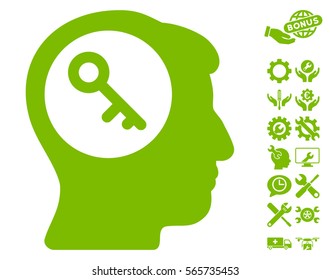 Brain Key pictograph with bonus tools symbols. Vector illustration style is flat iconic eco green symbols on white background.