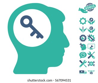 Brain Key pictograph with bonus tools pictograph collection. Vector illustration style is flat iconic cobalt and cyan symbols on white background.