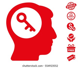 Brain Key pictograph with free bonus pictograph collection. Vector illustration style is flat iconic symbols, red color, white background.