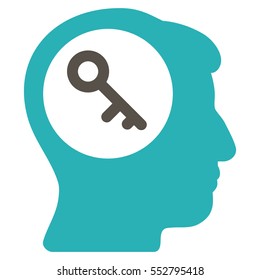 Brain Key vector pictogram. Style is flat graphic bicolor symbol, grey and cyan colors, white background.