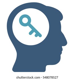 Brain Key vector pictograph. Style is flat graphic bicolor symbol, cyan and blue colors, white background.