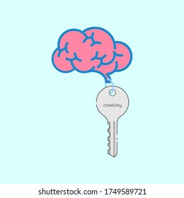 Brain keychain and key. Key to creativity. Vector illustration outline flat design style.