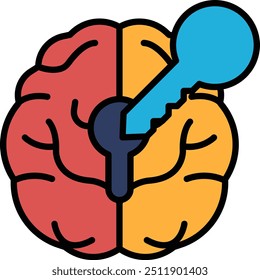 A brain with a keyhole in it. The keyhole is blue and the brain is red and yellow