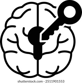 Un cerebro con un ojo de cerradura. La cerradura es azul y el cerebro es rojo y amarillo