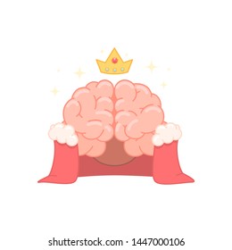 Brain King icon. Brain with a crown and royal mantle. Genius Brain concept symbol. Vector illustration isolated on white background