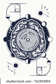 Brain labyrinth and golden ratio tattoo art. Symbol of psychology, philosophy, creativity, intelligence. Artificial intelligence of the future t-shirt design 