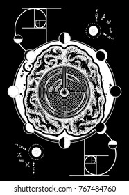 Brain labyrinth and golden ratio tattoo art. Artificial intelligence of the future. Symbol of psychology, philosophy, creativity, intelligence. Super brain solves problems t-shirt design 