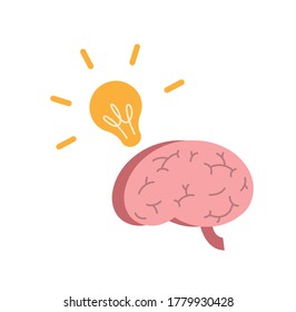 Brain and lamp flat illustration,  a hand drawn vector flat illustration of ideas and creativity concept.