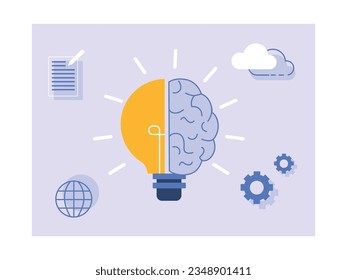 Brain with lamp with text, internet, cloud, setting. Innovation mind strategy and inspiration to create the new technology. Character design. Vector flat illustration