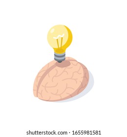 Brain lamp. Vector 3d isometric, color web icon, new flat style. Creative illustration design, graphic idea for infographics.