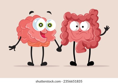 
Brain and the Large Intestine Character Walking Hand in Hand. Mental health influencing the digestive process vector illustration
