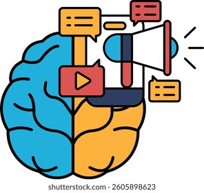A brain with a large red and blue speaker on it. The speaker is surrounded by a red and blue circle