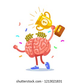 Brain with a laurel wreath and keeps the winners cup. Modern flat style thin line vector illustration.