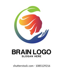 Brain with Leaf and Hand Logo Template. Vector Illustration