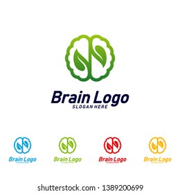 Brain with Leaf logo design vector, Nature Mind concept logo template, Icon Symbol