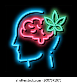 Brain And Leaf Man Silhouette Headache neon light sign vector. Glowing bright icon transparent symbol illustration