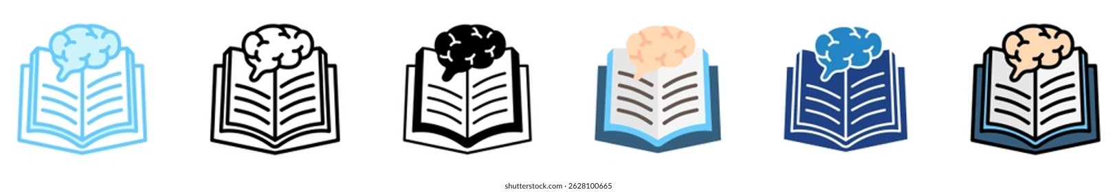 Brain Learning multi style, mini illustration icon set. outline, flat, glyph, line color. vector for UI, UX, app, web, digital or print, related to international literacy days, education.