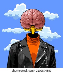 Brain In Leather Jacket Against Cloud, T-shirt Design, Biker, Motorcycle Club, Patch, Naked Bike, Cool Helmet, Arai, Shoei, Ls2, Agv, Shovelhead Engine, Panhead, Knucklehead, Nmax, Aerox