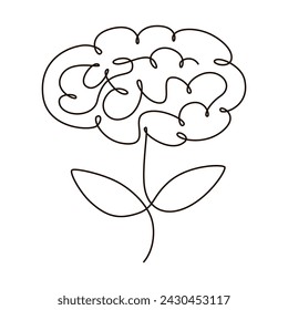 Brain with leaves continuous one line symbol drawing. Mental health, self care concept icon in linear style. Continuous line vector illustration