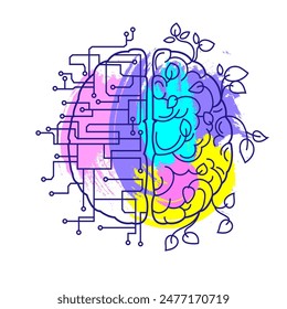 Brain with leaves and plants and Bionic robotic Brain with microchips logo emblem sign design. Line art vector 