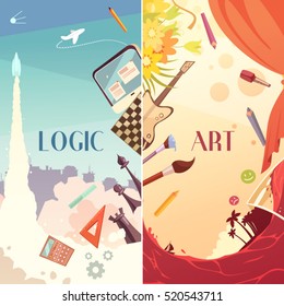 Brain left logic and right art hemispheres 2 symbolic retro cartoon vertical banners abstract isolated vector illustration 